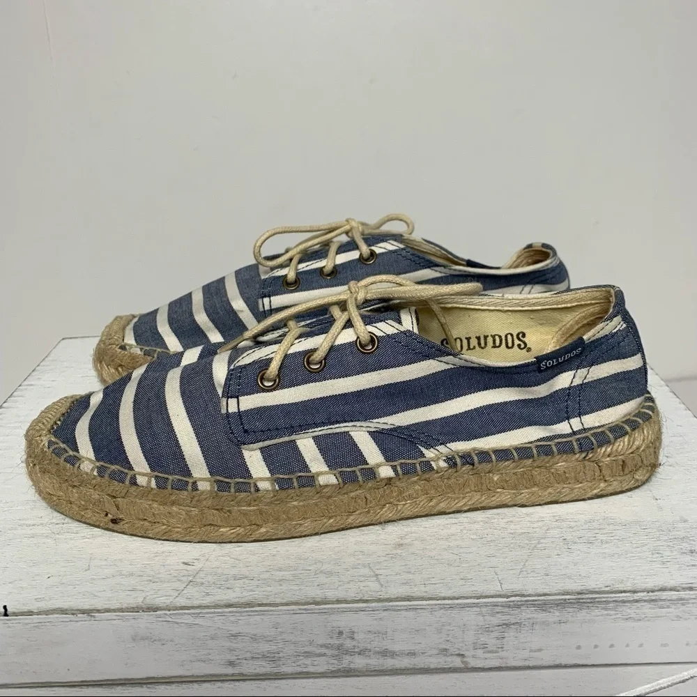 Soludos Derby Blue White Stripe Lace Up Espadrilles